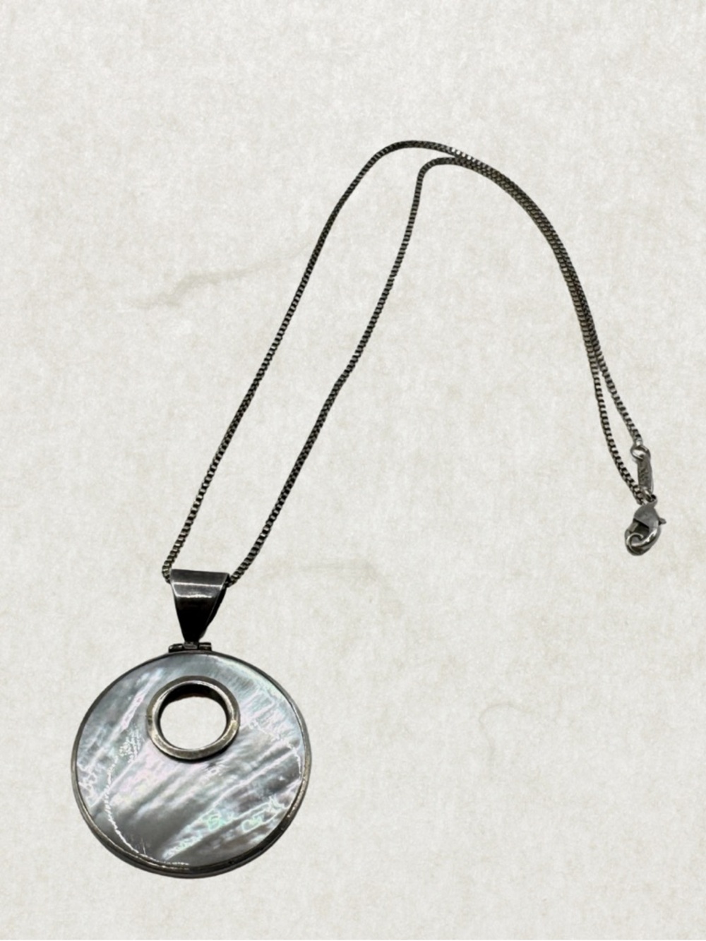 Vintage Massive Sterling Silver Necklace – Mother of Pearl Large Pendant, 20”